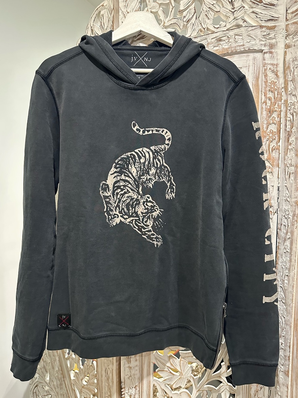 John Varvatos Black Terry Hoodie with Cream Tiger/Detroit Graphic